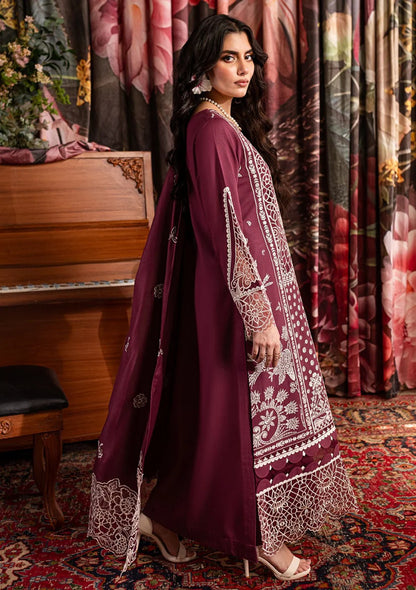 QALAMQAR-3PC CHIKANKAARI LAWN CUTWORK EMBROIDERED SHIRT WITH LAWN EMBROIDERED CUTWORK DUPATTA AND TROUSER-KUN-3642