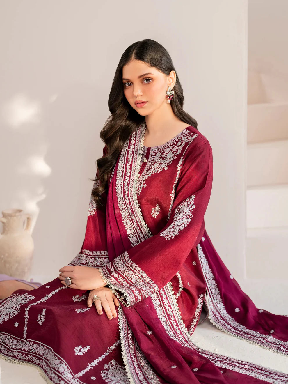 GARNET-3PC LAWN EMBROIDERED SHIRT WITH CHIFFON EMBROIDERED DUPATTA AND TROUSER-KUN-3554