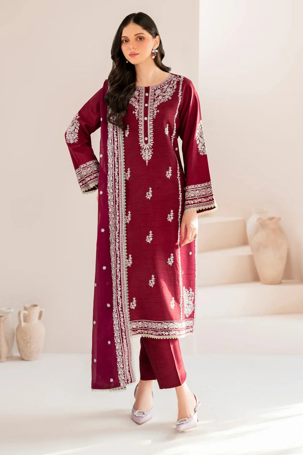 GARNET-3PC LAWN EMBROIDERED SHIRT WITH CHIFFON EMBROIDERED DUPATTA AND TROUSER-KUN-3554