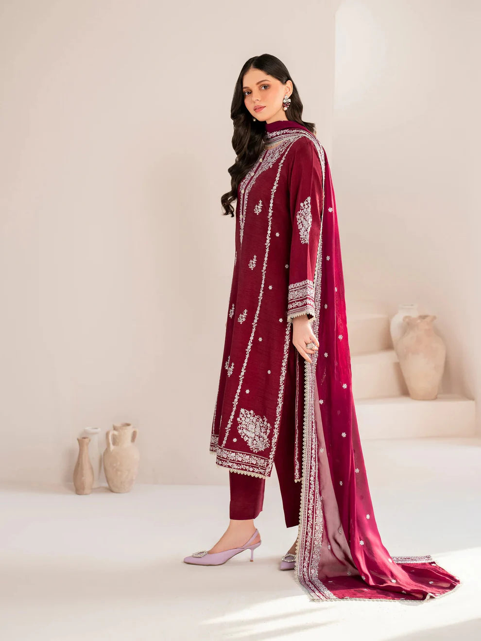 GARNET-3PC LAWN EMBROIDERED SHIRT WITH CHIFFON EMBROIDERED DUPATTA AND TROUSER-KUN-3554