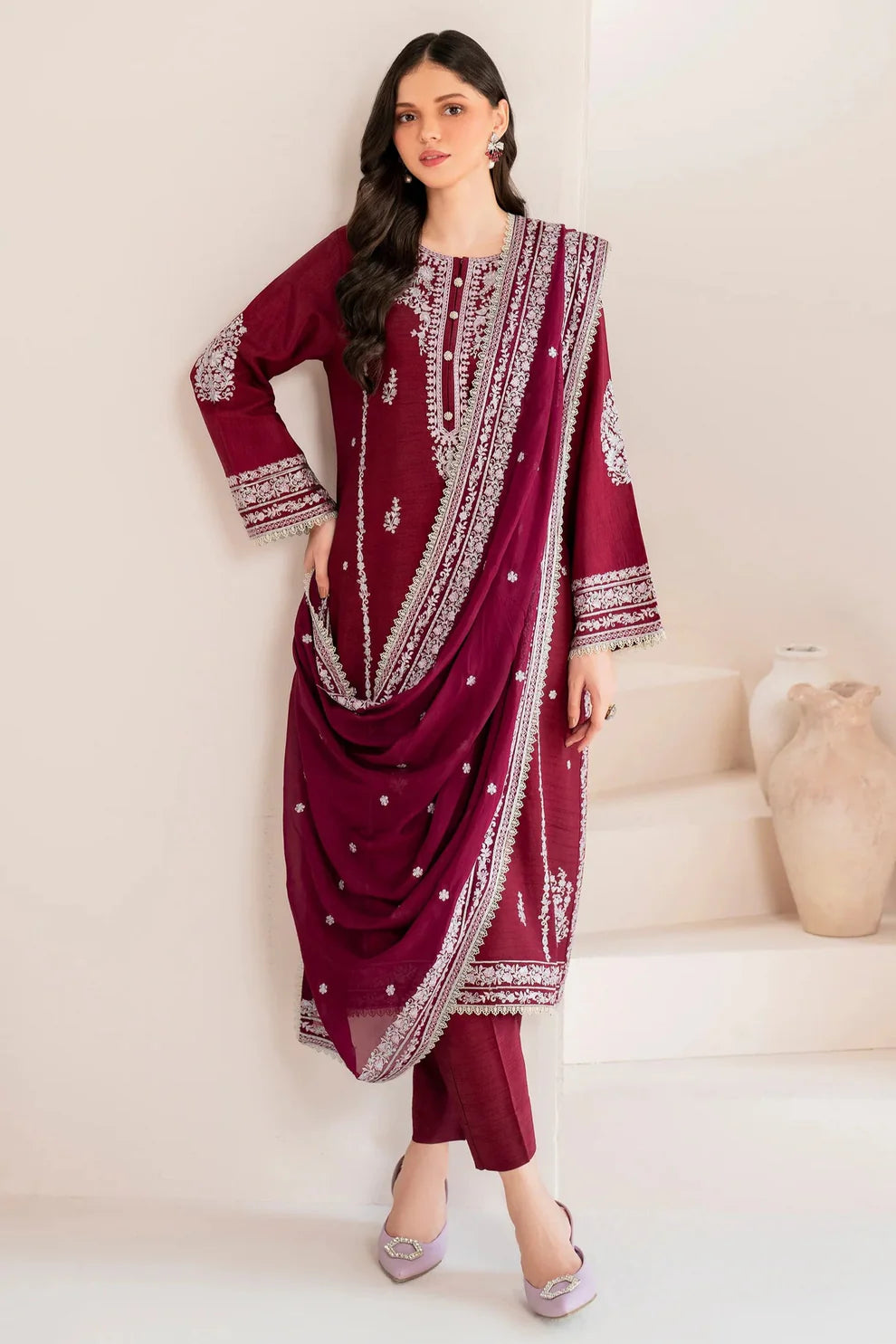 GARNET-3PC LAWN EMBROIDERED SHIRT WITH CHIFFON EMBROIDERED DUPATTA AND TROUSER-KUN-3554