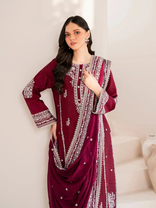 GARNET-3PC LAWN EMBROIDERED SHIRT WITH CHIFFON EMBROIDERED DUPATTA AND TROUSER-KUN-3554