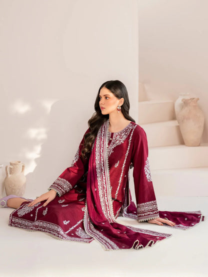 GARNET-3PC LAWN EMBROIDERED SHIRT WITH CHIFFON EMBROIDERED DUPATTA AND TROUSER-KUN-3554