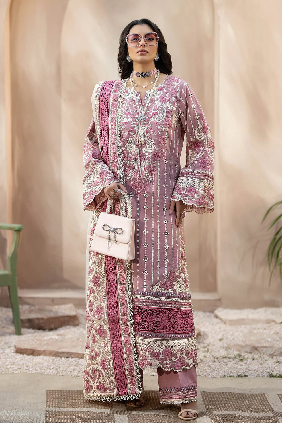 QALAMQAR-3PC CHIKANKAARI LAWN CUTWORK EMBROIDERED SHIRT WITH NET EMBROIDERED CUTWORK DUPATTA AND TROUSER-KUN-3599