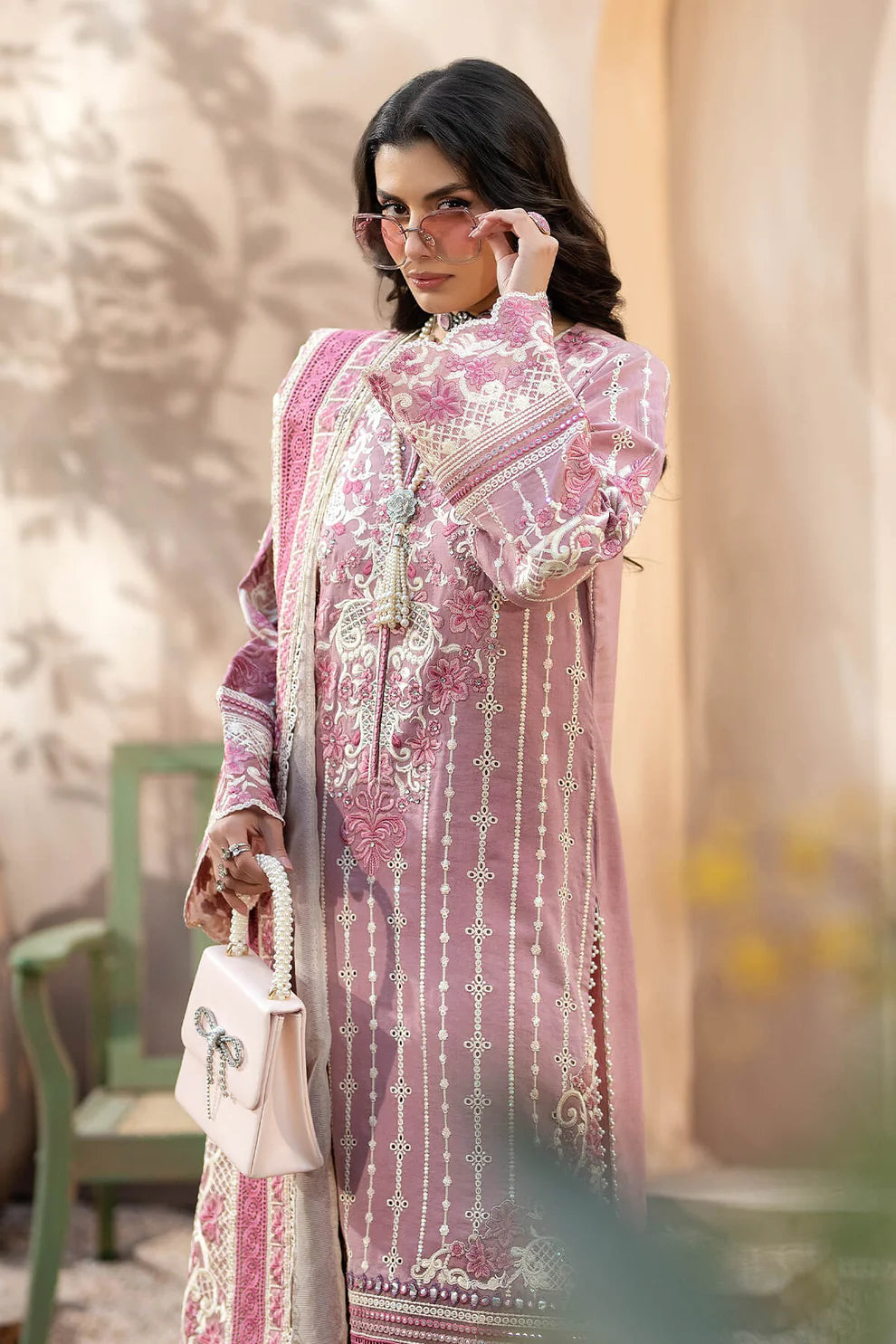 QALAMQAR-3PC CHIKANKAARI LAWN CUTWORK EMBROIDERED SHIRT WITH NET EMBROIDERED CUTWORK DUPATTA AND TROUSER-KUN-3599