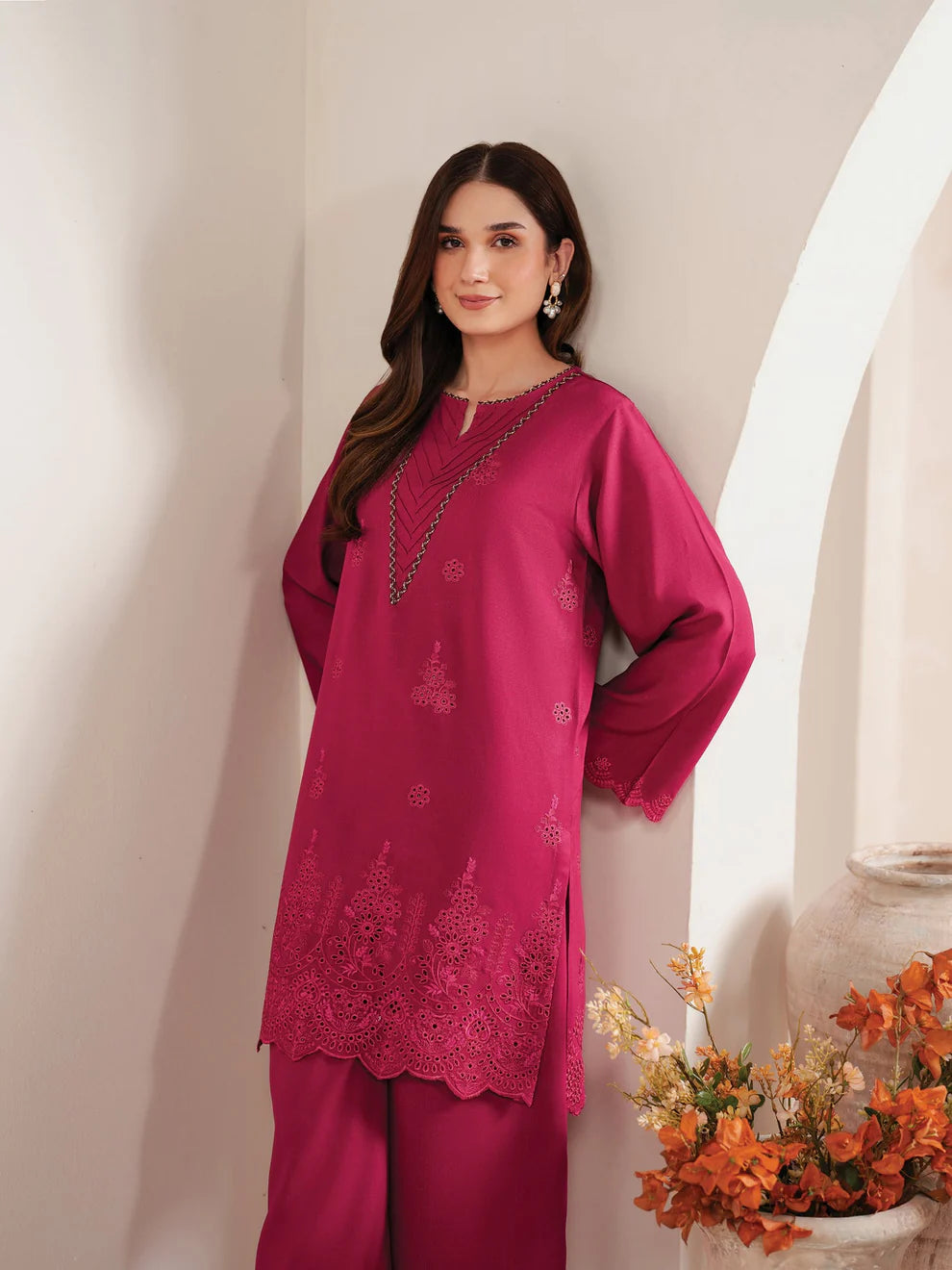 GARNET-3PC LAWN EMBROIDERED SHIRT WITH MONARK PRINT DUPATTA AND EMB TROUSER-KUN-3660