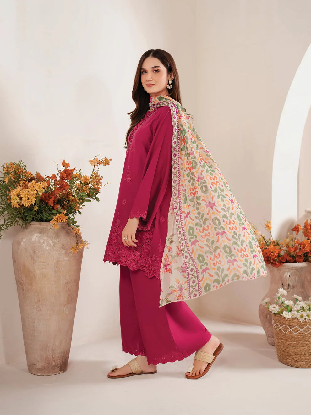 GARNET-3PC LAWN EMBROIDERED SHIRT WITH MONARK PRINT DUPATTA AND EMB TROUSER-KUN-3660