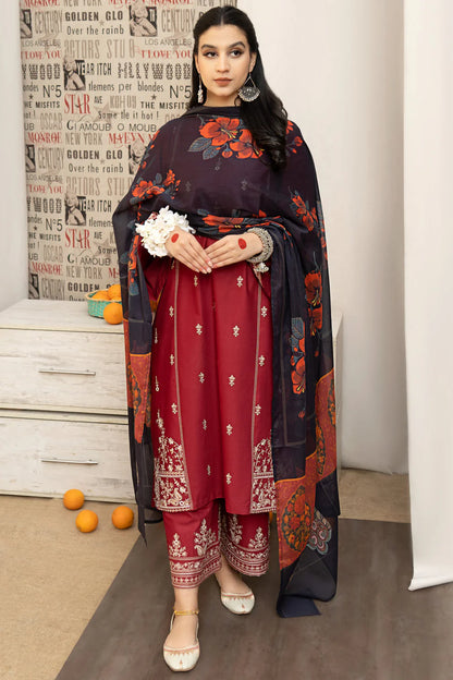 URGE - 3PC LAWN EMBROIDERED SHIRT WITH MONARK PRINTED DUPATTA AND EMB TROUSER-KUN-3582