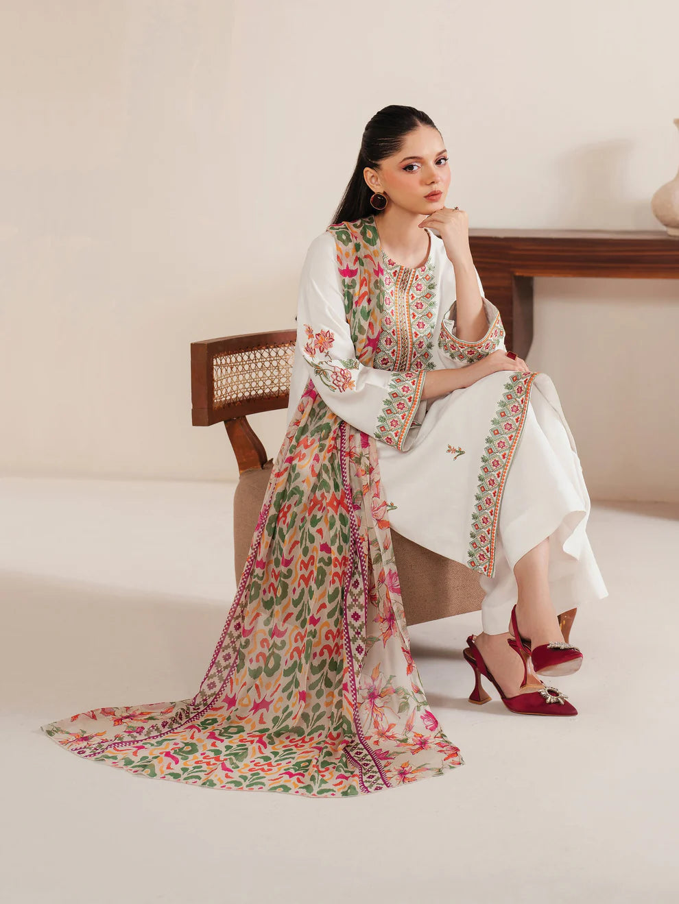 GARNET-3PC LAWN EMBROIDERED SHIRT WITH MONARK PRINT DUPATTA & LAWN TROUSER-KUN-3533