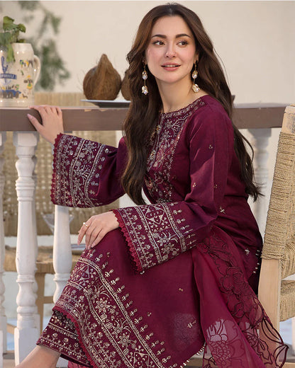 QALAMQAR-3PC DHANAK EMBROIDERED SUIT