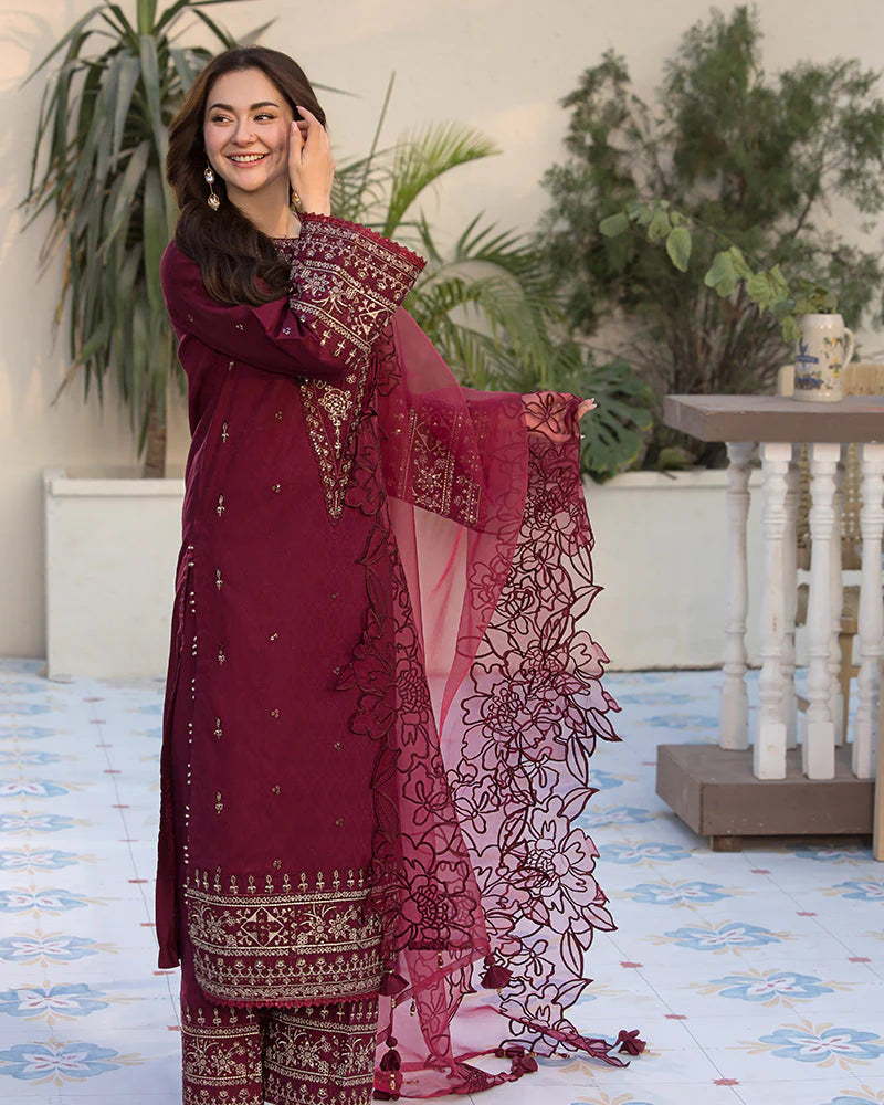 QALAMQAR-3PC DHANAK EMBROIDERED SUIT