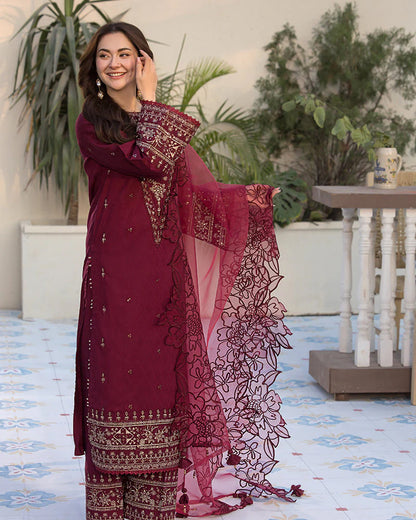 QALAMQAR-3PC DHANAK EMBROIDERED SUIT