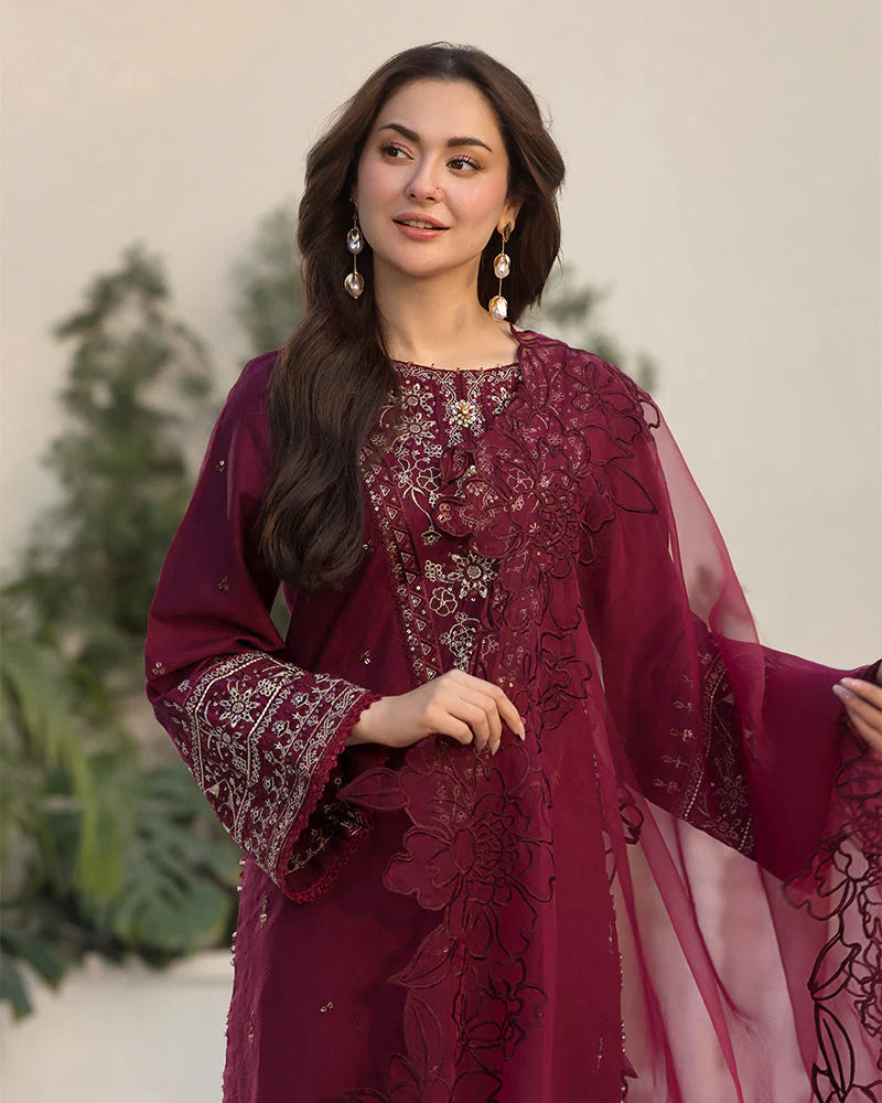 QALAMQAR-3PC DHANAK EMBROIDERED SUIT