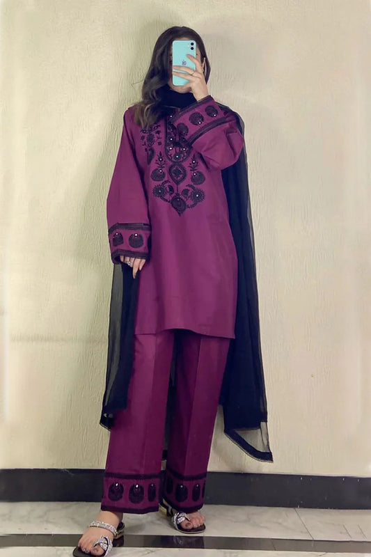 KUNFASHION-3PC DHANAK EMBROIDERED SUIT-KUN-4168