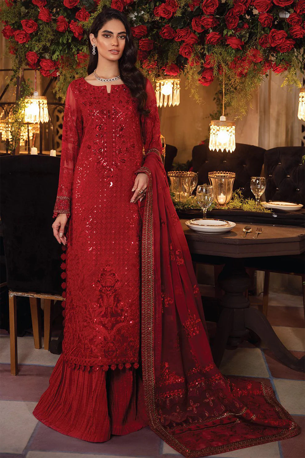 BAROUQE 3PC HEAVY EMBROIDERED HANDMADE WORK WITH HEAVY EMBROIDERED DUPATTA -KUN-3413-RED