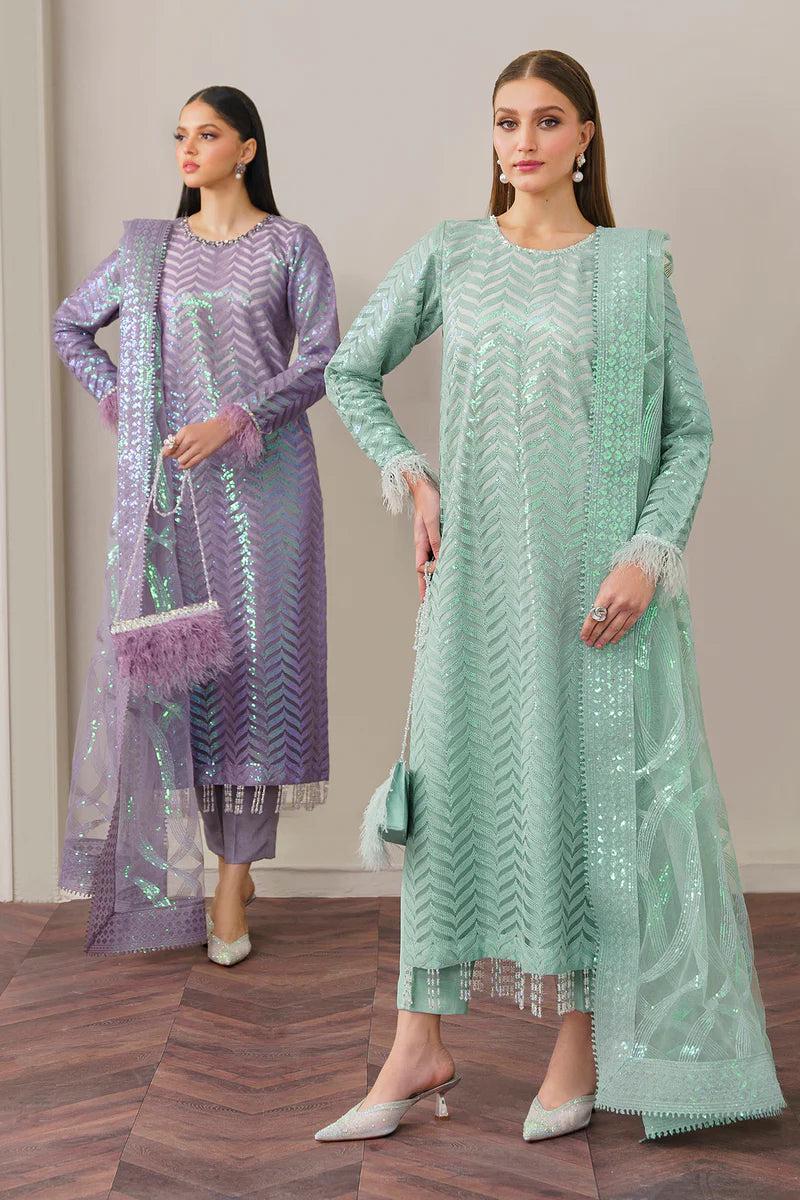 BAROUQE- ORGANZA 3PC SEQUENCE EMBROIDERED SHIRT WITH ORGANZA SEQUENCE EMBROIDERED DUPATTA WITH SILK TROUSER -KUN- 2619 A