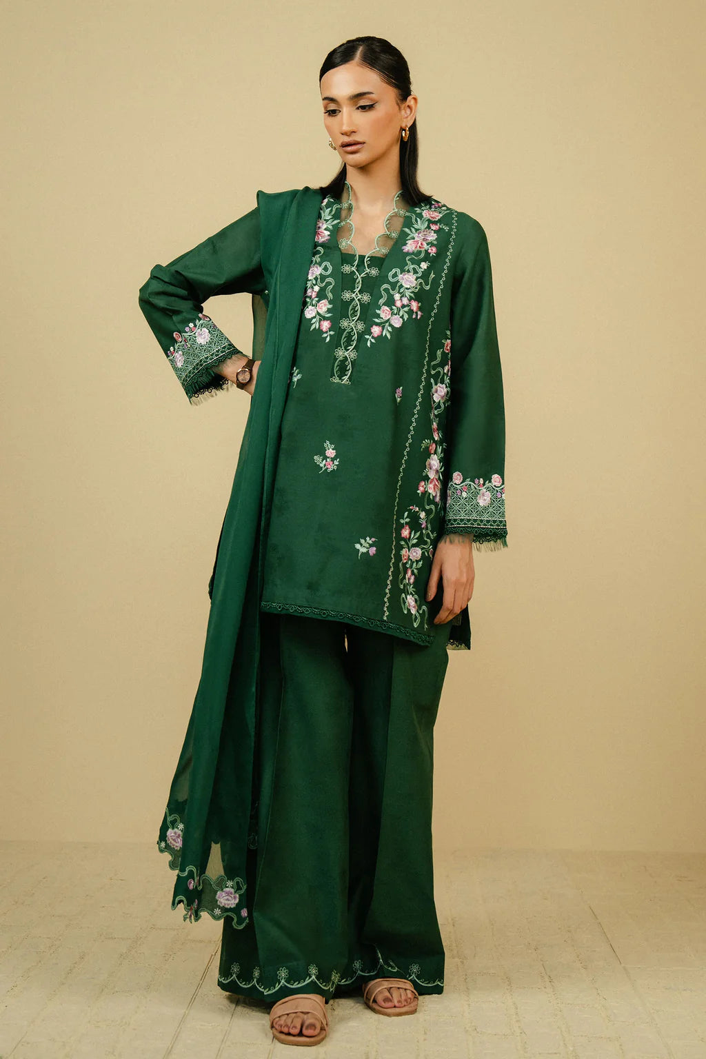 ZAHRA SHAHJAHAN-3PC DHANAK EMBROIDERED SUIT-KUN-3267