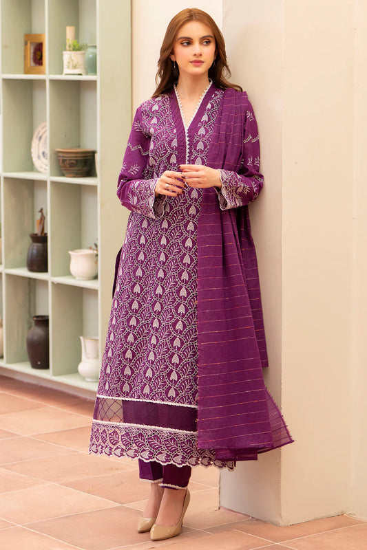 MIRAKHI-3PC LAWN CHIKENKARI EMBROIDERED SHIRT WITH LAWN TUBE SLUB DUPATTA-KUN-PLUM