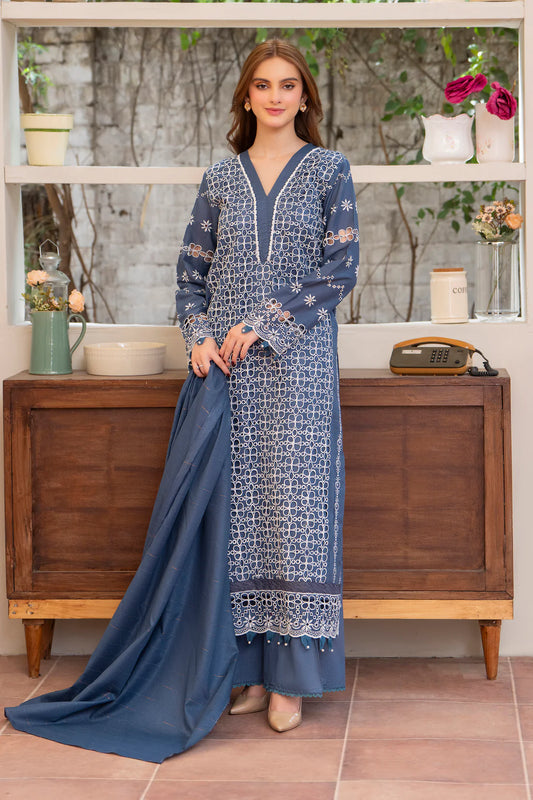 MIRAKHI-3PC LAWN CHIKENKARI EMBROIDERED SHIRT WITH LAWN TUBE SLUB DUPATTA-KUN-SKY