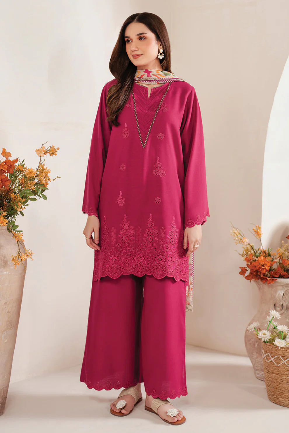 GARNET-3PC LAWN EMBROIDERED SHIRT WITH MONARK PRINT DUPATTA AND EMB TROUSER-KUN-3660