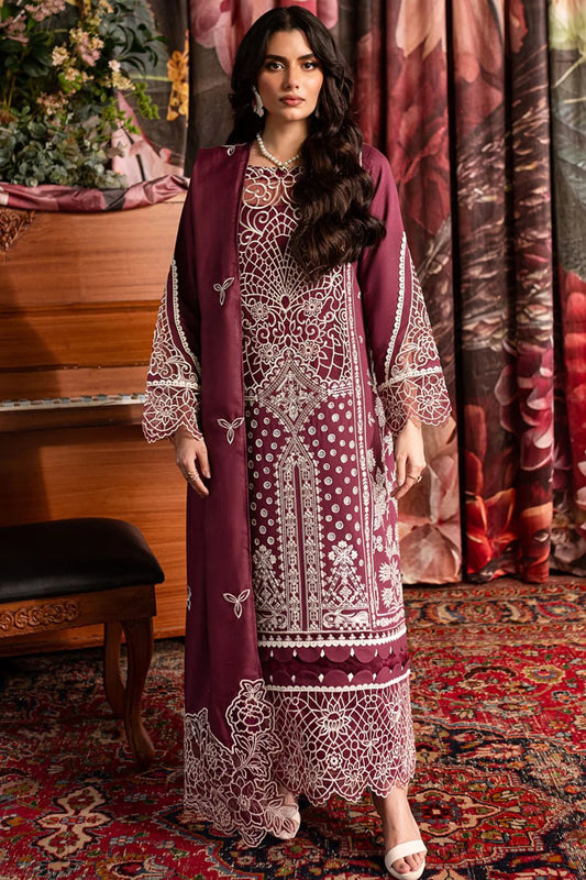 QALAMQAR-3PC CHIKANKAARI LAWN CUTWORK EMBROIDERED SHIRT WITH LAWN EMBROIDERED CUTWORK DUPATTA AND TROUSER-KUN-3642