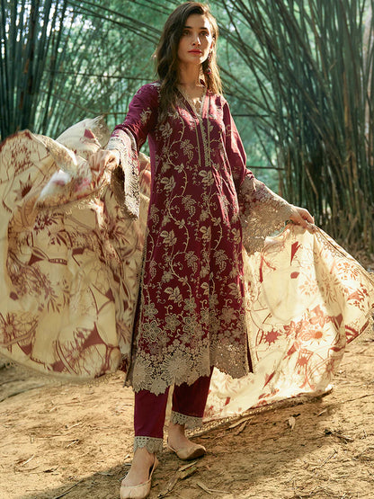 IMAGE-3PC LAWN EMBROIDERED SHIRT WITH MONARK PRINTED DUPATTA & TROUSER-KUN-3598